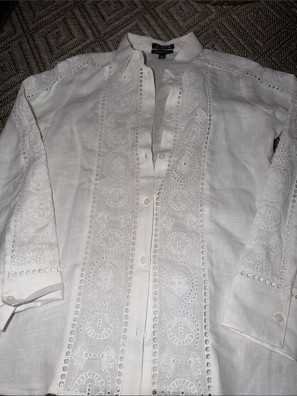 J. Crew White Linen Long-Sleeve Embroidered Button-Up